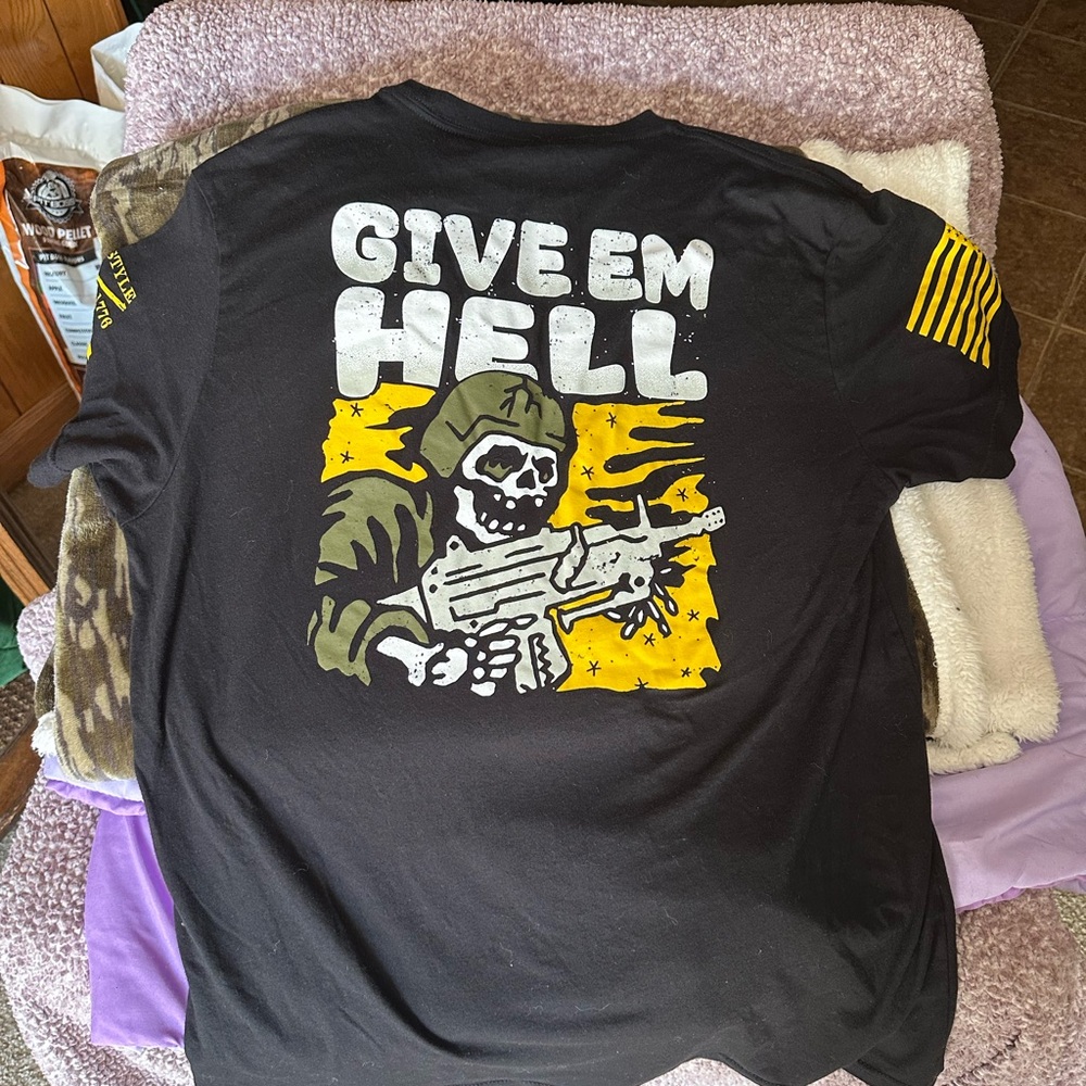 Grunt Style Black 'Give Em Hell' Graphic Tee with Yellow and Olive Art